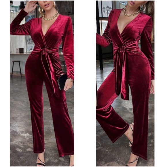 Pants - Luxe Burgundy Velvet Plunging Neck Straight Leg Jumpsuit